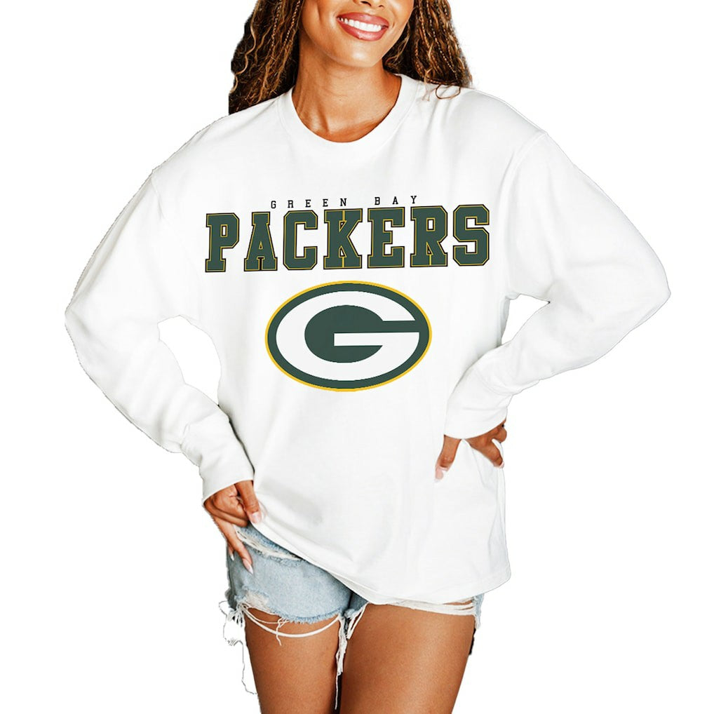Green Bay Packers Gameday Couture Women's Big Goals Oversized Long Sleeve T-Shirt - White - NFL