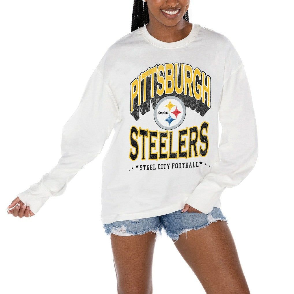 Pittsburgh Steelers Gameday Couture Women's Time Out Oversized Long Sleeve T-Shirt - White - NFL