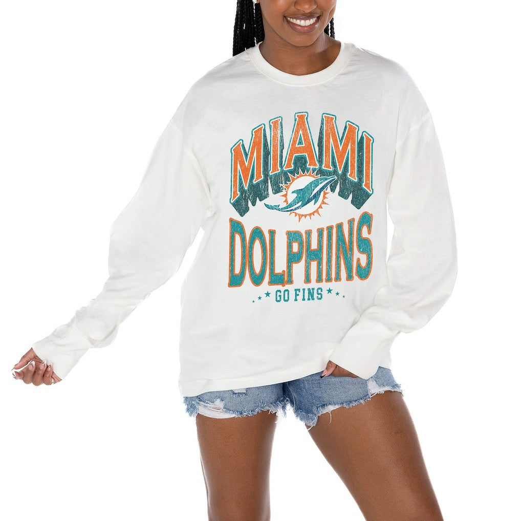 Miami Dolphins Gameday Couture Women's Time Out Oversized Long Sleeve T-Shirt - White - NFL