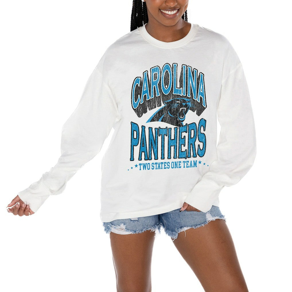 Carolina Panthers Gameday Couture Women's Time Out Oversized Long Sleeve T-Shirt - White - NFL