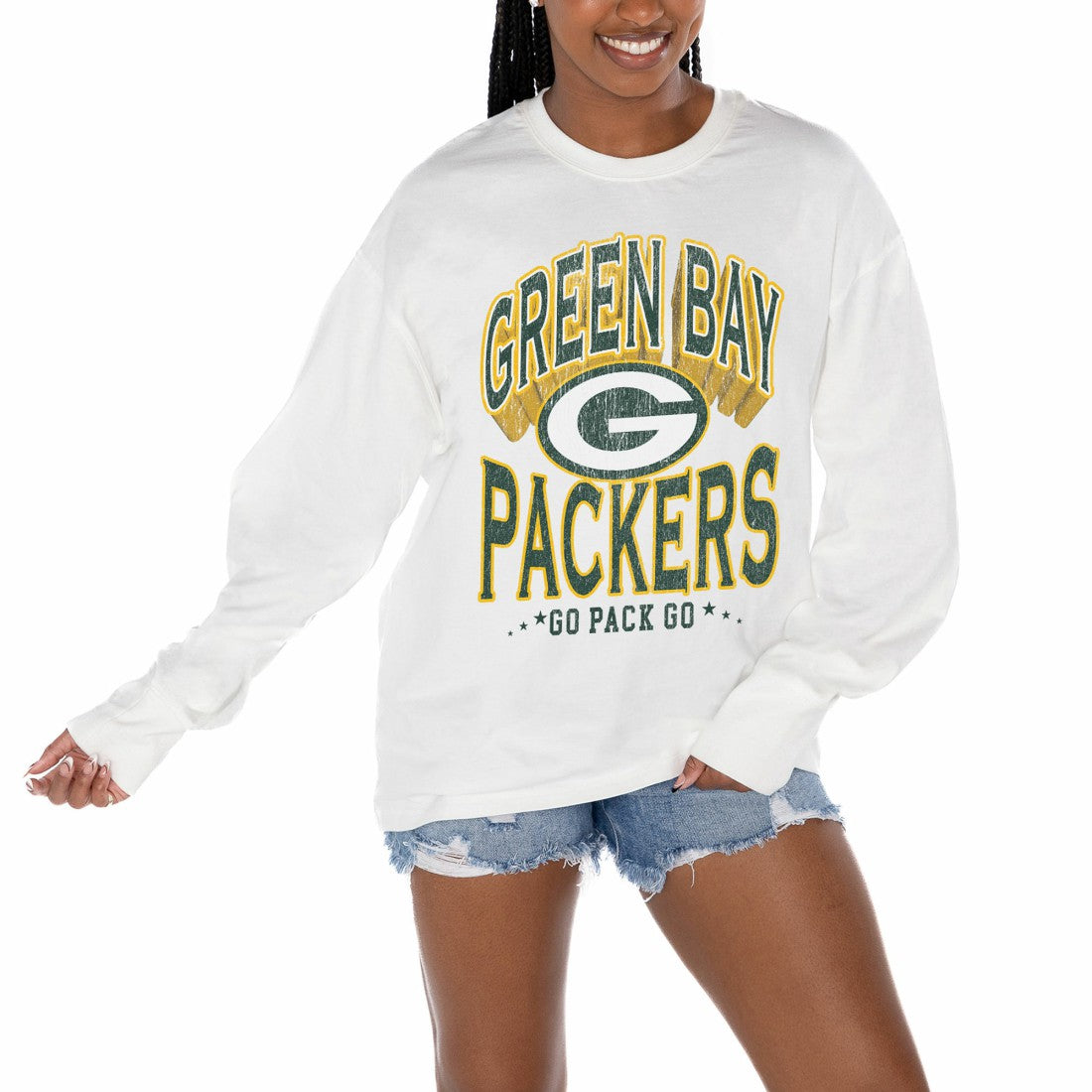 Green Bay Packers Gameday Couture Women's Time Out Oversized Long Sleeve T-Shirt - White - NFL