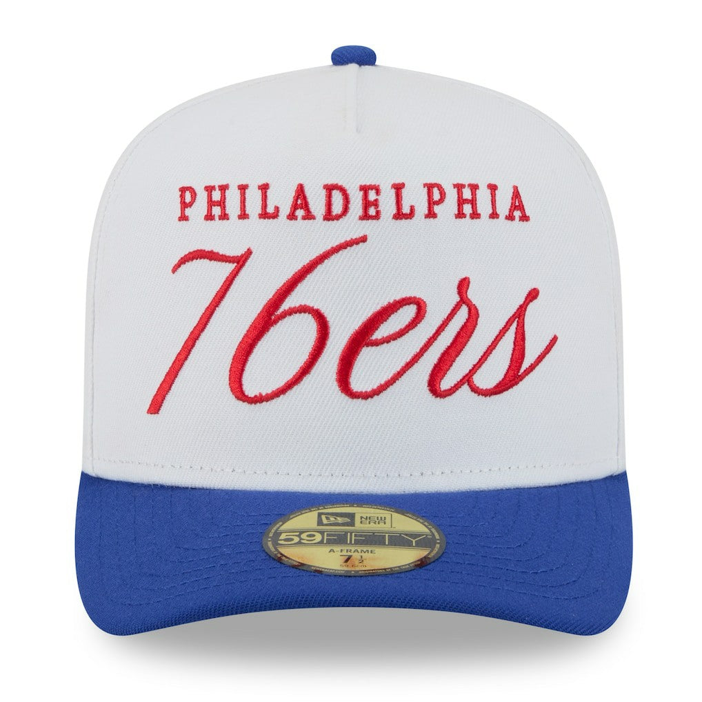 New Era Philadelphia 76ers 2025 NBA Draft A-Frame 59FIFTY Fitted Hat White/Royal