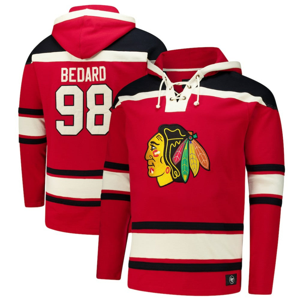 Connor Bedard Chicago Blackhawks '47 Big & Tall Lace-up Pullover Hoodie - Red | 47 brand Clearance