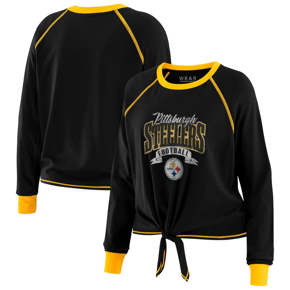 Pittsburgh Steelers WEAR by Erin Andrews Women's Plus Size Tie-Front Long Sleeve Top - Black/Gold - NFL