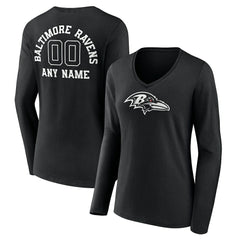 Baltimore Ravens Women's Personalized Name & Number Monochrome Long Sleeve V-Neck T-Shirt - Black - NFL