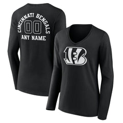 Cincinnati Bengals Women's Personalized Name & Number Monochrome Long Sleeve V-Neck T-Shirt - Black - NFL