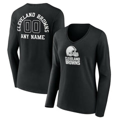 Cleveland Browns Women's Personalized Name & Number Monochrome Long Sleeve V-Neck T-Shirt - Black - NFL