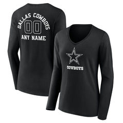 Dallas Cowboys Women's Personalized Name & Number Monochrome Long Sleeve V-Neck T-Shirt - Black - NFL