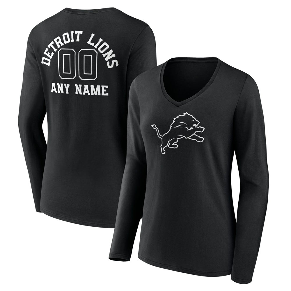 Detroit Lions Women's Personalized Name & Number Monochrome Long Sleeve V-Neck T-Shirt - Black - NFL