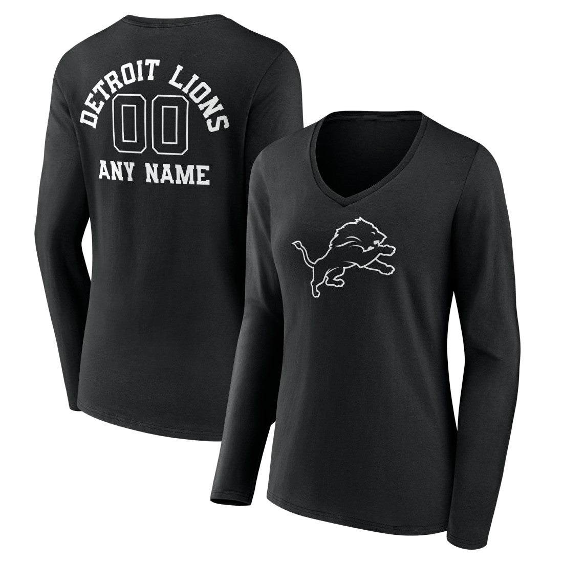 Detroit Lions Women's Personalized Name & Number Monochrome Long Sleeve V-Neck T-Shirt - Black - NFL