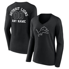 Detroit Lions Women's Personalized Name & Number Monochrome Long Sleeve V-Neck T-Shirt - Black - NFL