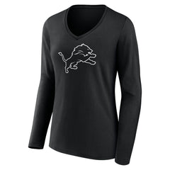 Detroit Lions Women's Personalized Name & Number Monochrome Long Sleeve V-Neck T-Shirt - Black - NFL