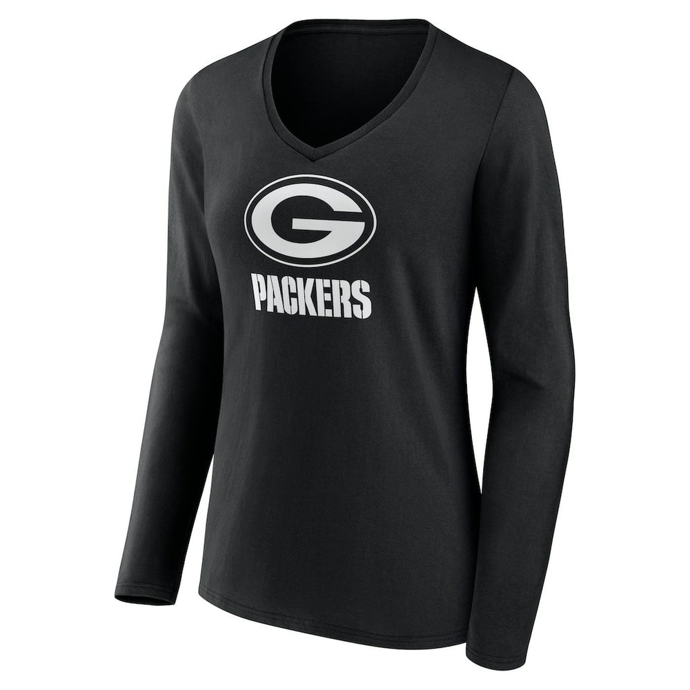 Green Bay Packers Women's Personalized Name & Number Monochrome Long Sleeve V-Neck T-Shirt - Black - NFL