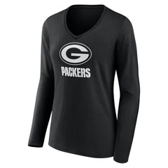Green Bay Packers Women's Personalized Name & Number Monochrome Long Sleeve V-Neck T-Shirt - Black - NFL