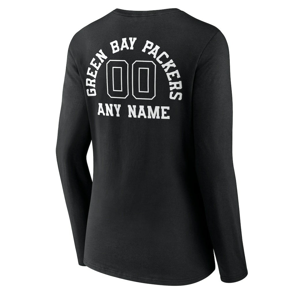 Green Bay Packers Women's Personalized Name & Number Monochrome Long Sleeve V-Neck T-Shirt - Black - NFL