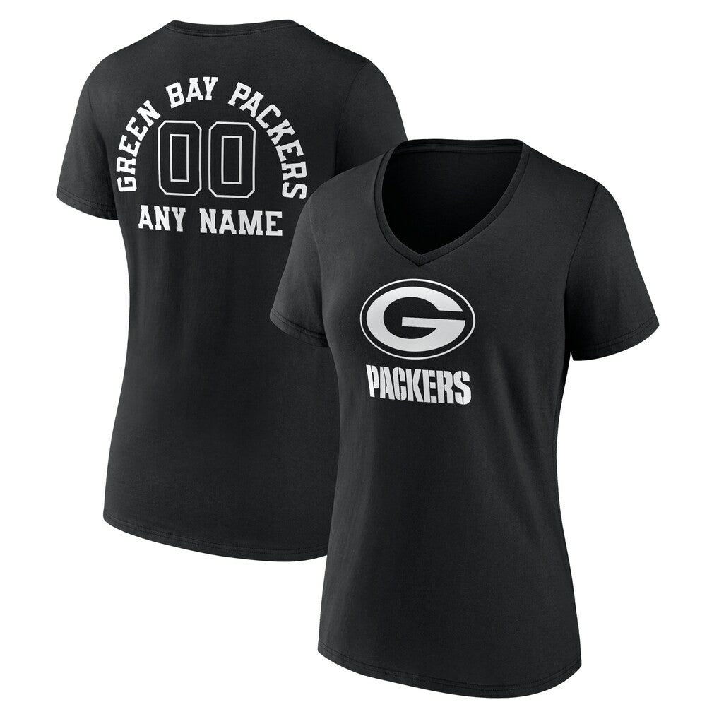 Green Bay Packers Women's Personalized Name & Number Monochrome V-Neck T-Shirt - Black - NFL
