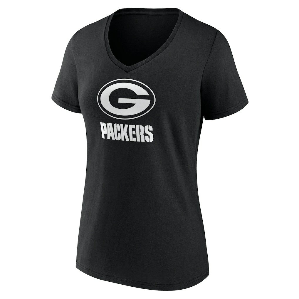 Green Bay Packers Women's Personalized Name & Number Monochrome V-Neck T-Shirt - Black - NFL