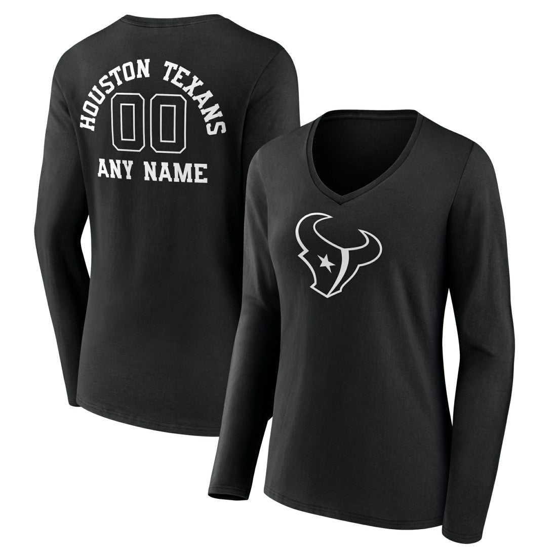 Houston Texans Women's Personalized Name & Number Monochrome Long Sleeve V-Neck T-Shirt - Black - NFL