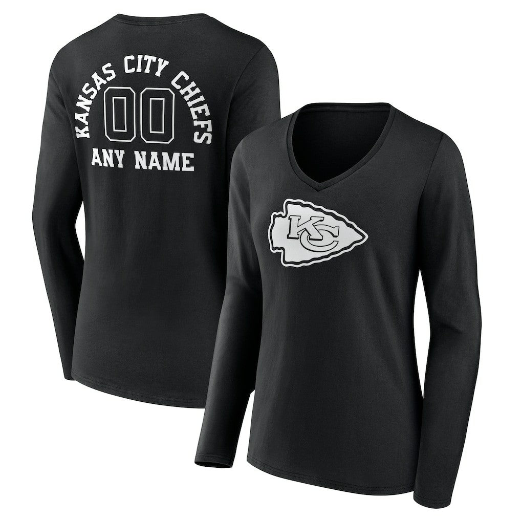 Kansas City Chiefs Women's Personalized Name & Number Monochrome Long Sleeve V-Neck T-Shirt - Black - NFL