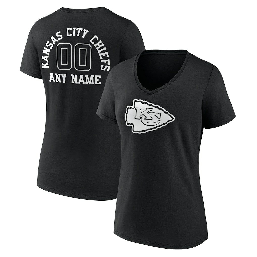 Kansas City Chiefs Women's Personalized Name & Number Monochrome V-Neck T-Shirt - Black - NFL
