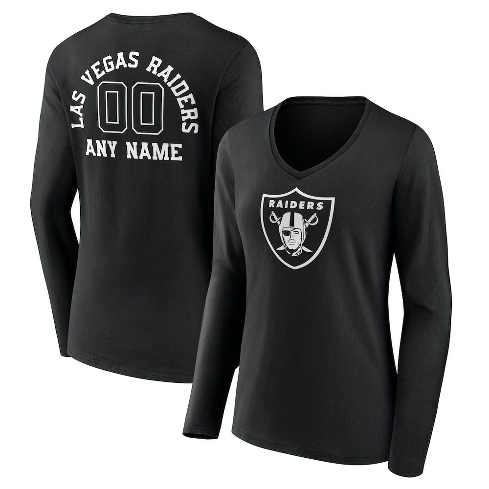 Las Vegas Raiders Women's Personalized Name & Number Monochrome Long Sleeve V-Neck T-Shirt - Black - NFL