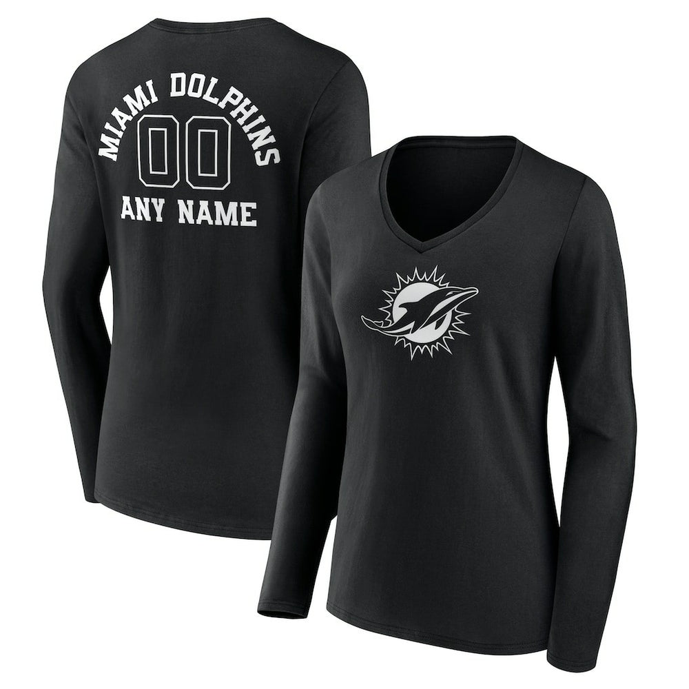 Miami Dolphins Women's Personalized Name & Number Monochrome Long Sleeve V-Neck T-Shirt - Black - NFL