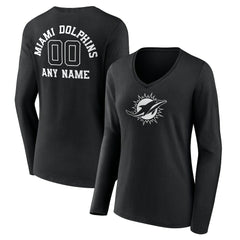 Miami Dolphins Women's Personalized Name & Number Monochrome Long Sleeve V-Neck T-Shirt - Black - NFL