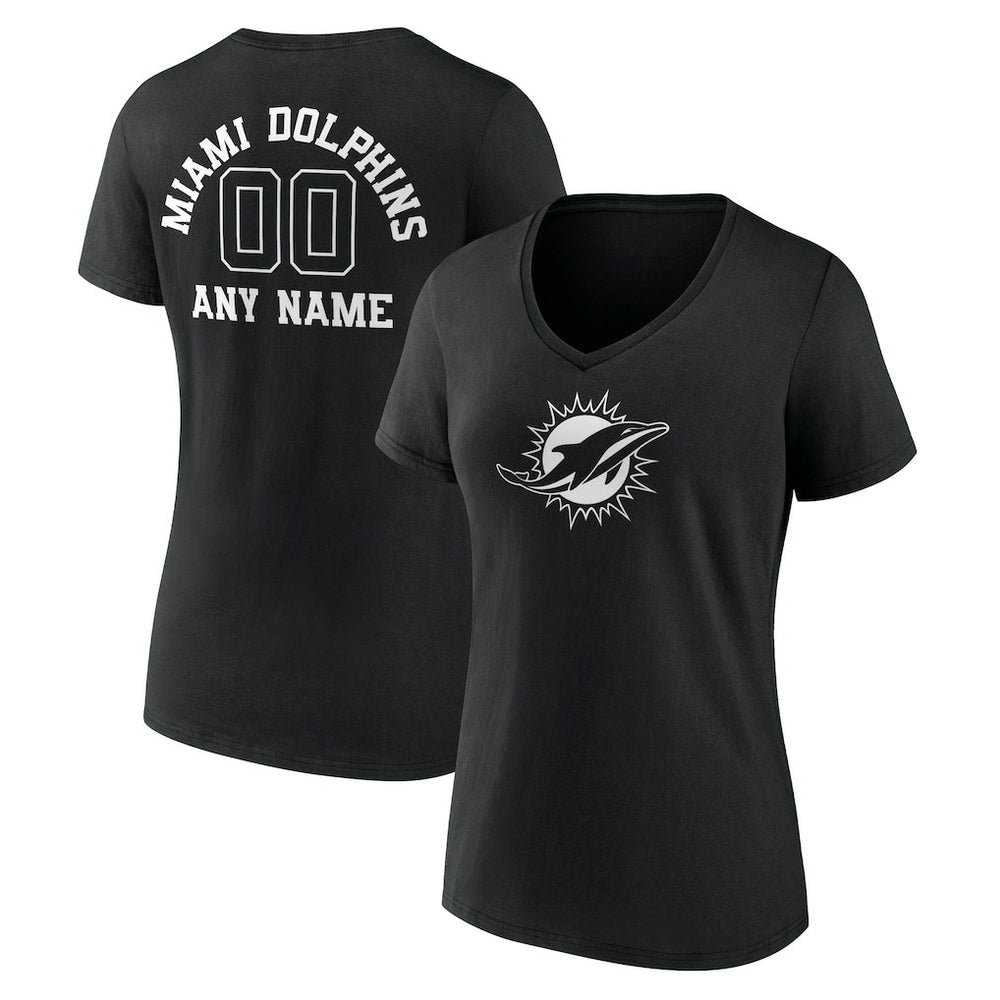 Miami Dolphins Women's Personalized Name & Number Monochrome V-Neck T-Shirt - Black - NFL