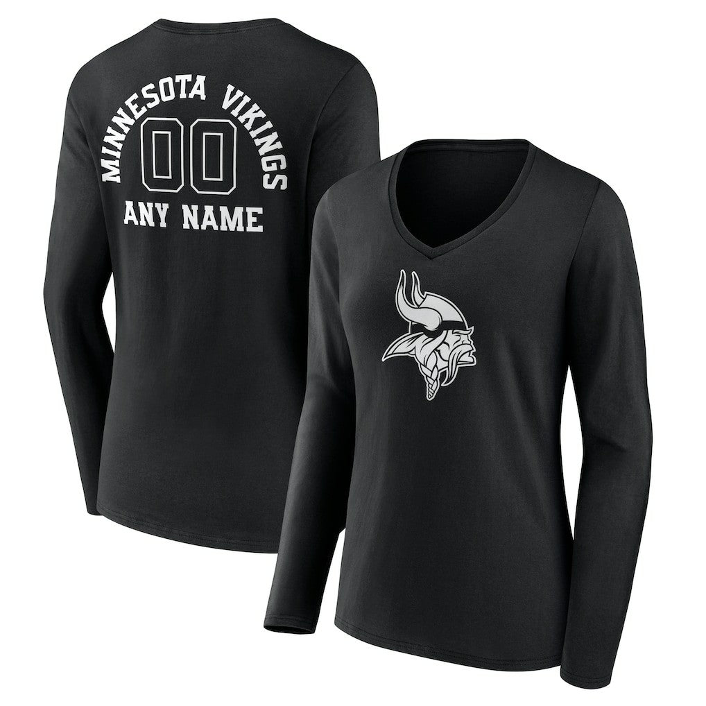 Minnesota Vikings Women's Personalized Name & Number Monochrome Long Sleeve V-Neck T-Shirt - Black - NFL