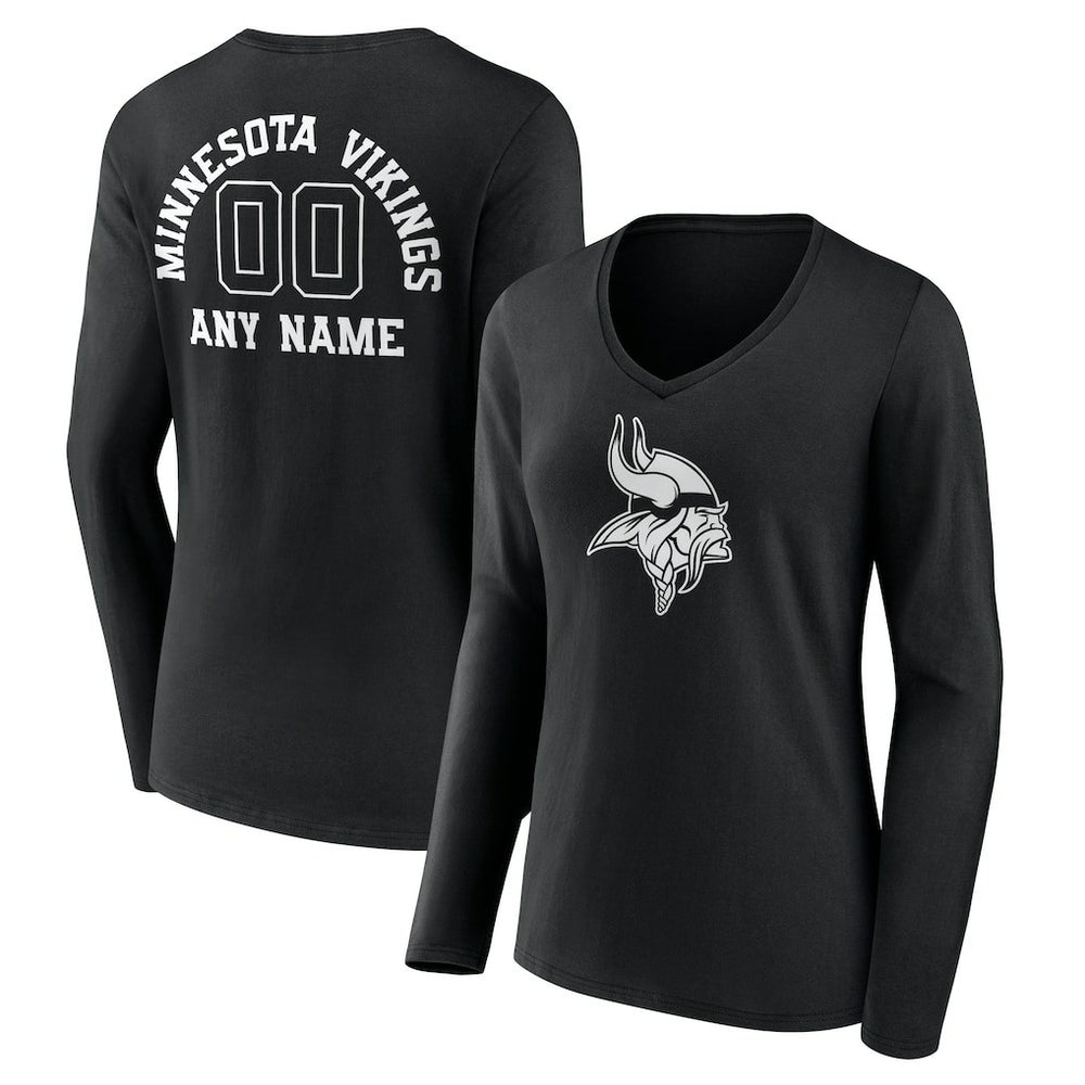 Minnesota Vikings Women's Personalized Name & Number Monochrome Long Sleeve V-Neck T-Shirt - Black - NFL