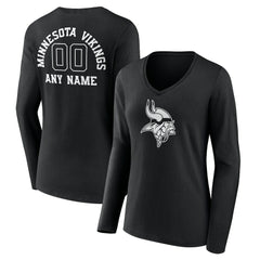 Minnesota Vikings Women's Personalized Name & Number Monochrome Long Sleeve V-Neck T-Shirt - Black - NFL