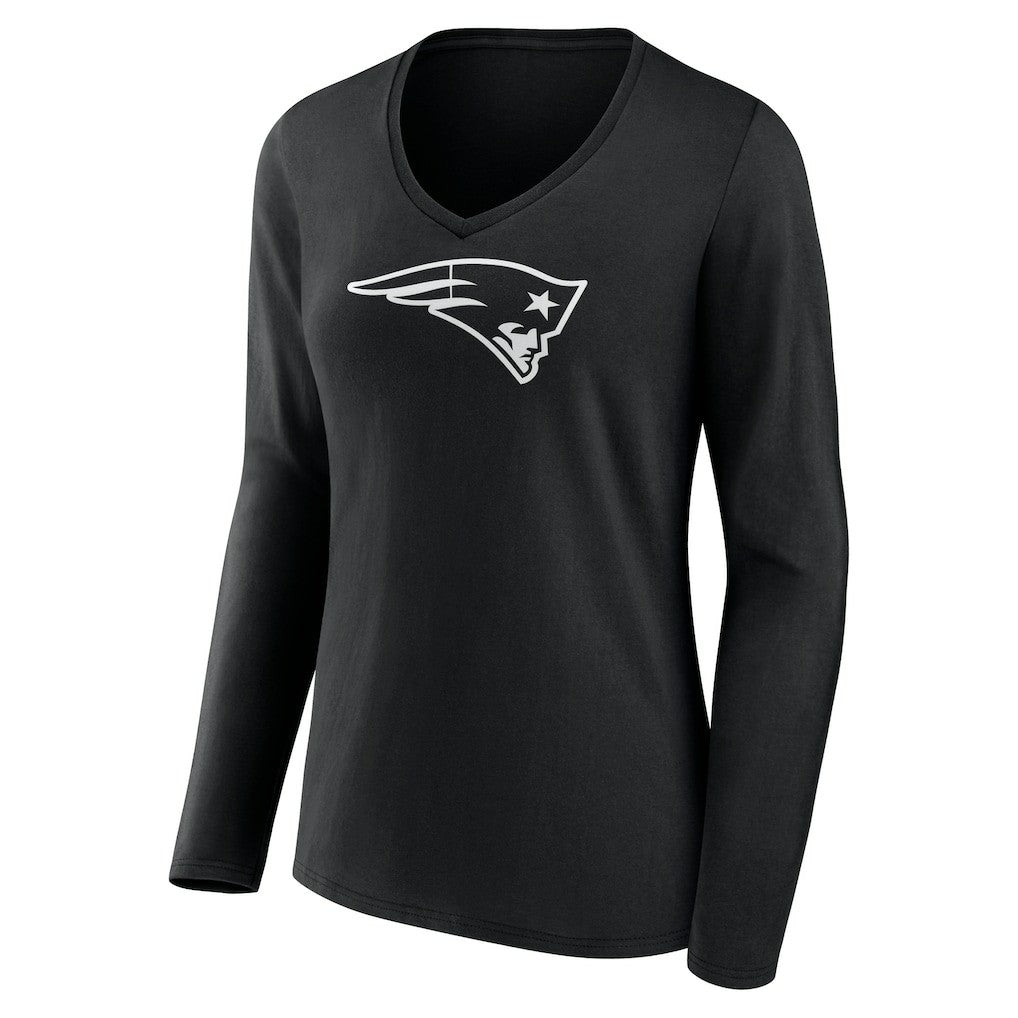 New England Patriots Women's Personalized Name & Number Monochrome Long Sleeve V-Neck T-Shirt - Black - NFL
