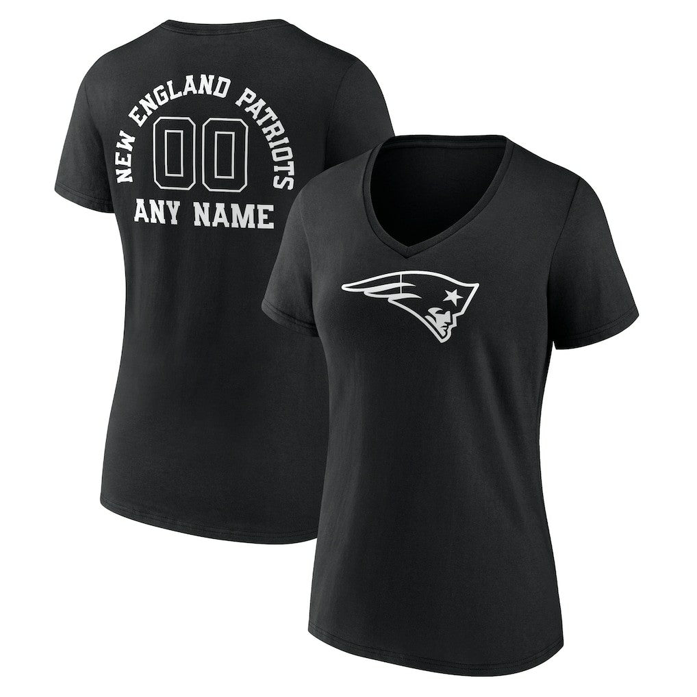 New England Patriots Women's Personalized Name & Number Monochrome V-Neck T-Shirt - Black - NFL