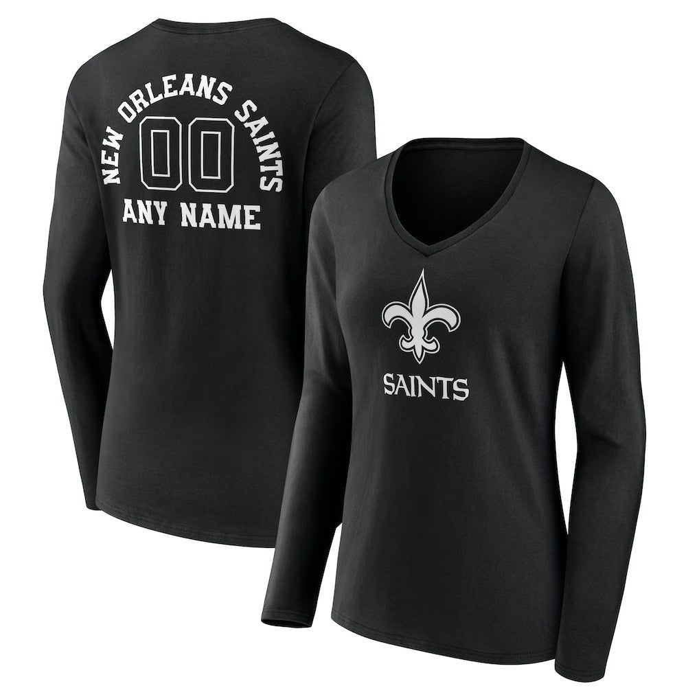 New Orleans Saints Women's Personalized Name & Number Monochrome Long Sleeve V-Neck T-Shirt - Black - NFL