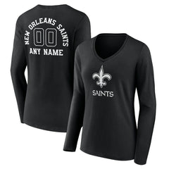 New Orleans Saints Women's Personalized Name & Number Monochrome Long Sleeve V-Neck T-Shirt - Black - NFL