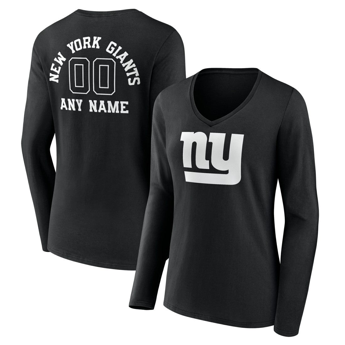 New York Giants Women's Personalized Name & Number Monochrome Long Sleeve V-Neck T-Shirt - Black - NFL