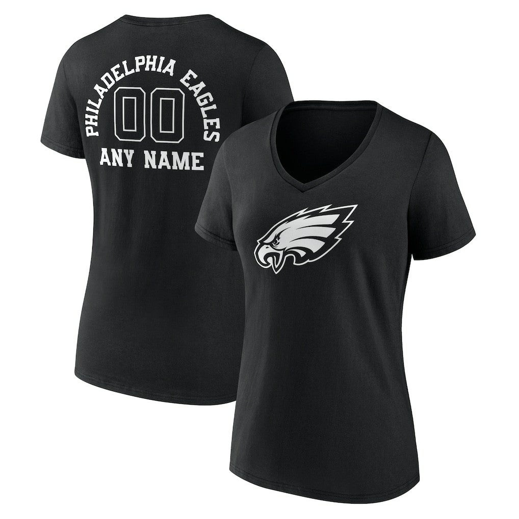 Philadelphia Eagles Women's Personalized Name & Number Monochrome V-Neck T-Shirt - Black - NFL