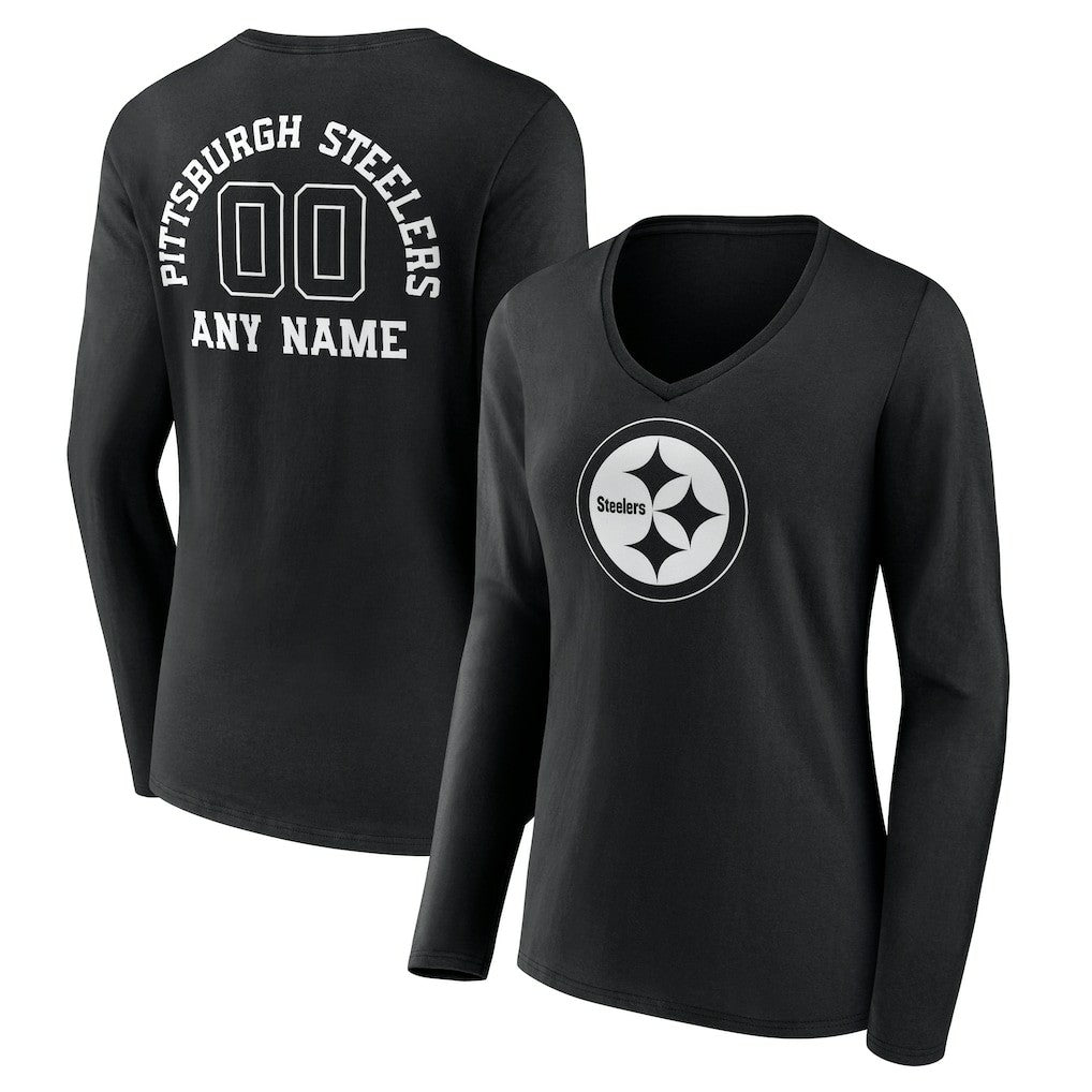 Pittsburgh Steelers Women's Personalized Name & Number Monochrome Long Sleeve V-Neck T-Shirt - Black - NFL