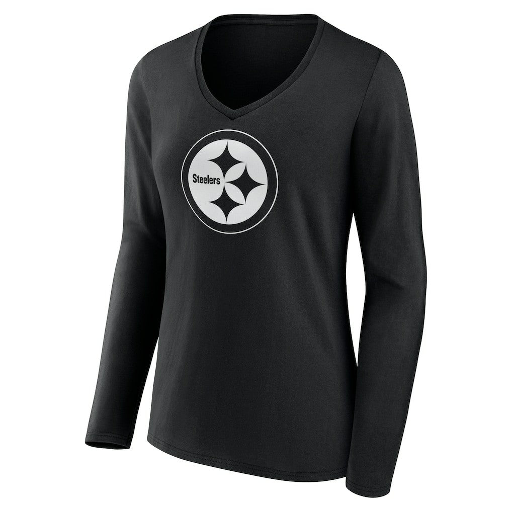Pittsburgh Steelers Women's Personalized Name & Number Monochrome Long Sleeve V-Neck T-Shirt - Black - NFL