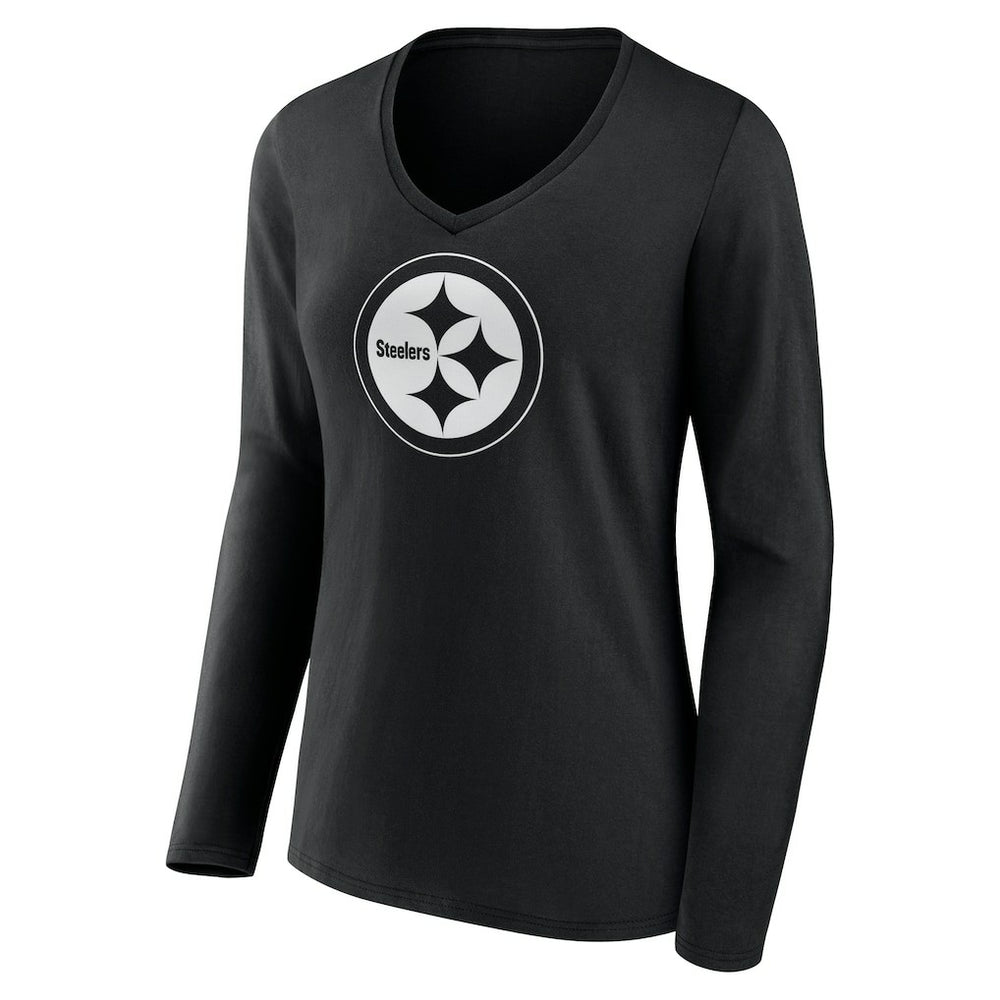 Pittsburgh Steelers Women's Personalized Name & Number Monochrome Long Sleeve V-Neck T-Shirt - Black - NFL