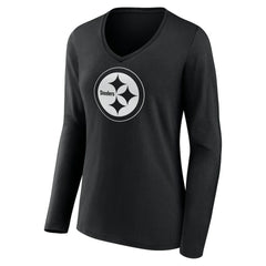 Pittsburgh Steelers Women's Personalized Name & Number Monochrome Long Sleeve V-Neck T-Shirt - Black - NFL