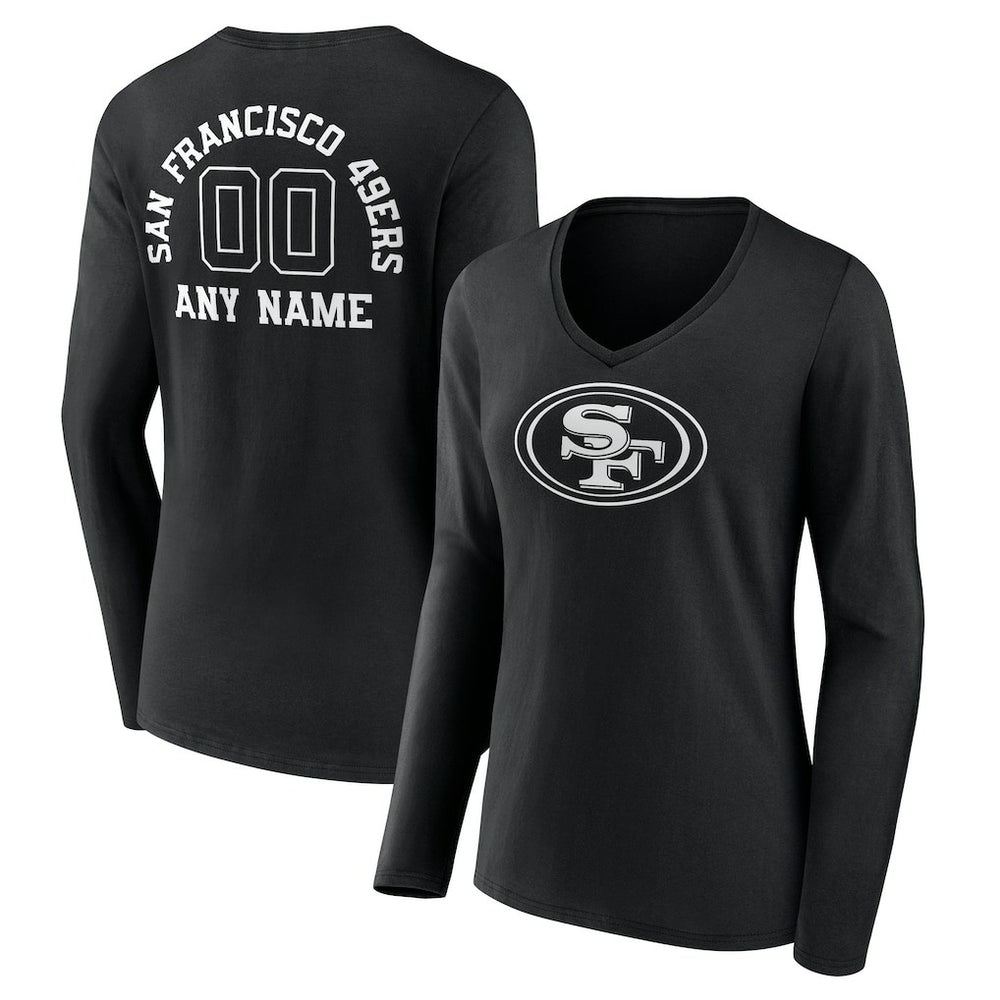 San Francisco 49ers Women's Personalized Name & Number Monochrome Long Sleeve V-Neck T-Shirt - Black - NFL
