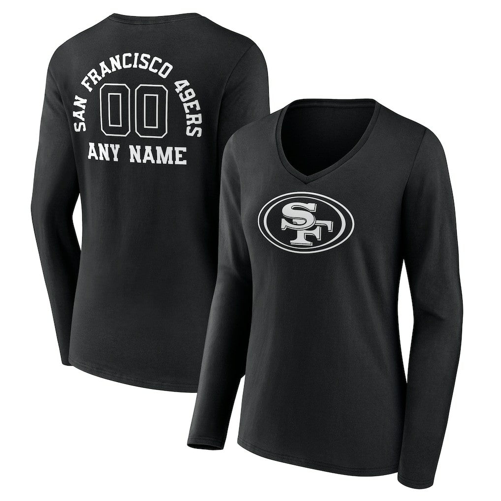 San Francisco 49ers Women's Personalized Name & Number Monochrome Long Sleeve V-Neck T-Shirt - Black - NFL