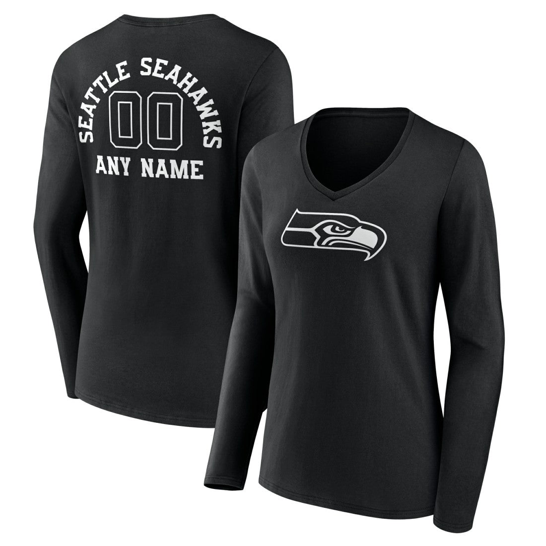 Seattle Seahawks Women's Personalized Name & Number Monochrome Long Sleeve V-Neck T-Shirt - Black - NFL