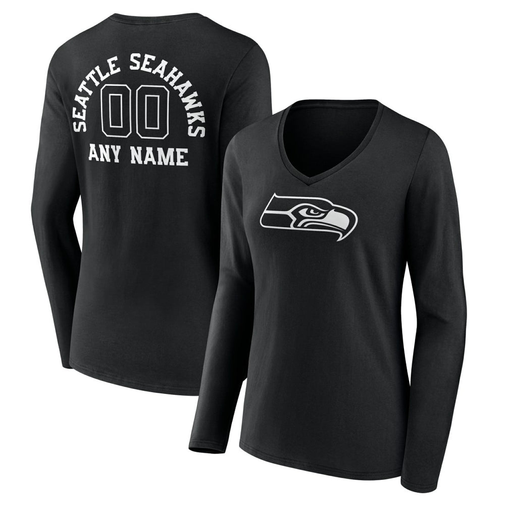 Seattle Seahawks Women's Personalized Name & Number Monochrome Long Sleeve V-Neck T-Shirt - Black - NFL