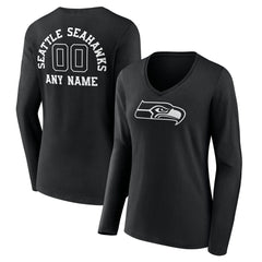 Seattle Seahawks Women's Personalized Name & Number Monochrome Long Sleeve V-Neck T-Shirt - Black - NFL