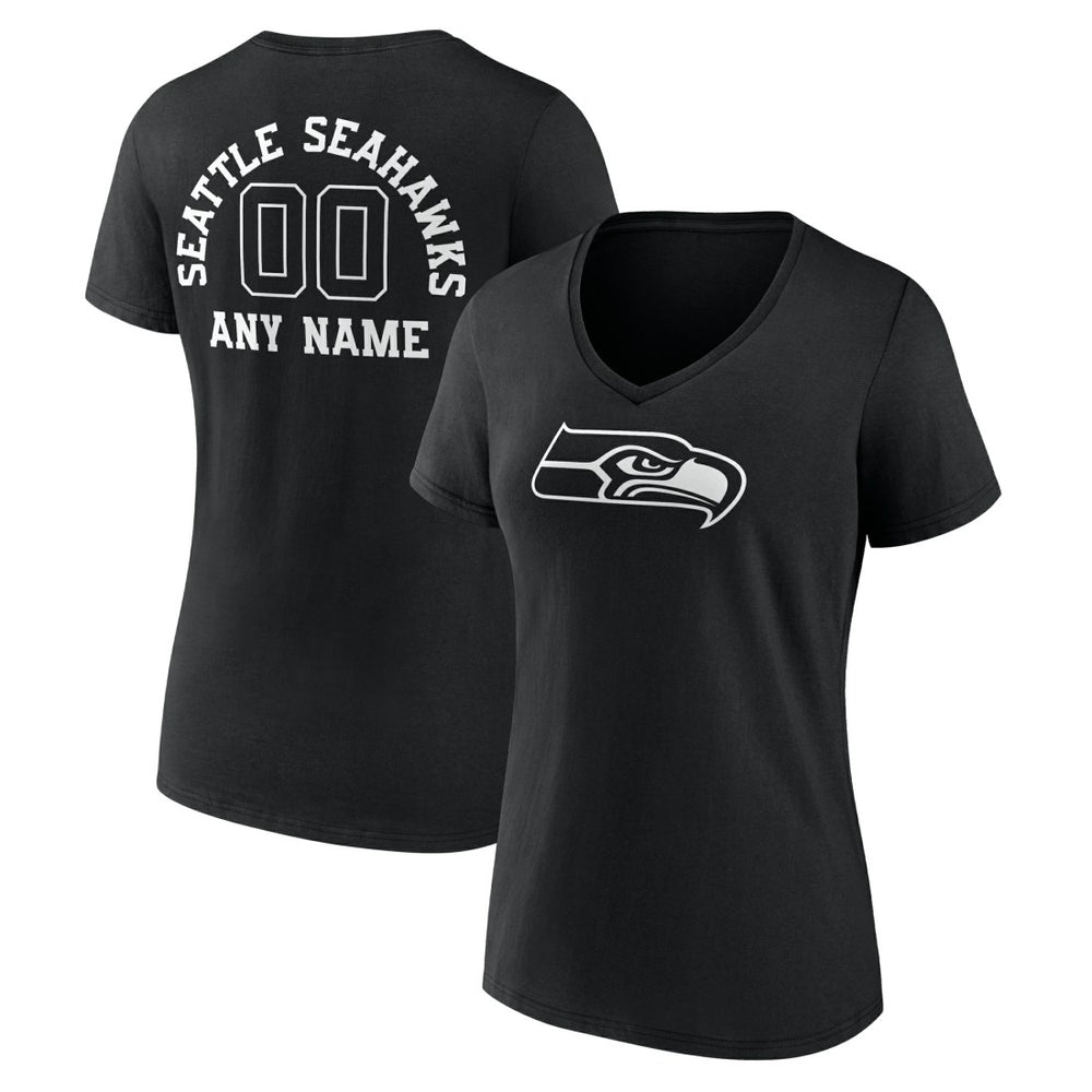 Seattle Seahawks Women's Personalized Name & Number Monochrome V-Neck T-Shirt - Black - NFL