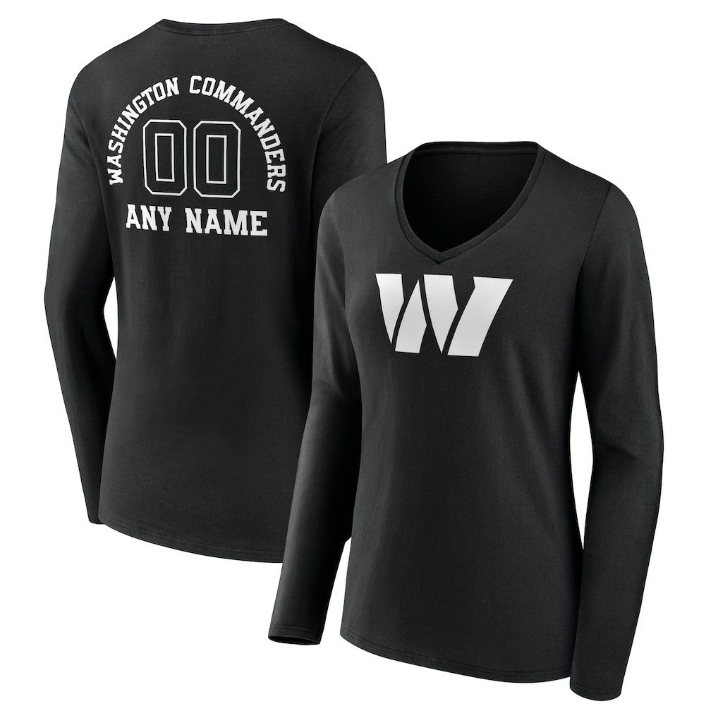 Washington Commanders Women's Personalized Name & Number Monochrome Long Sleeve V-Neck T-Shirt - Black - NFL