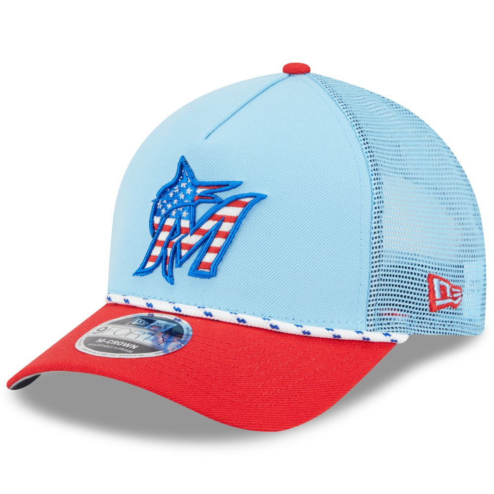 Miami Marlins New Era 2025 Fourth of July 9FORTY A-Frame M-Crown Adjustable Trucker Hat Sale