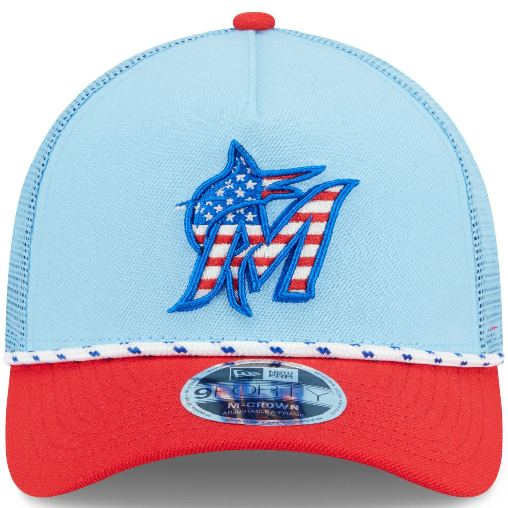 Miami Marlins New Era 2025 Fourth of July 9FORTY A-Frame M-Crown Adjustable Trucker Hat Sale
